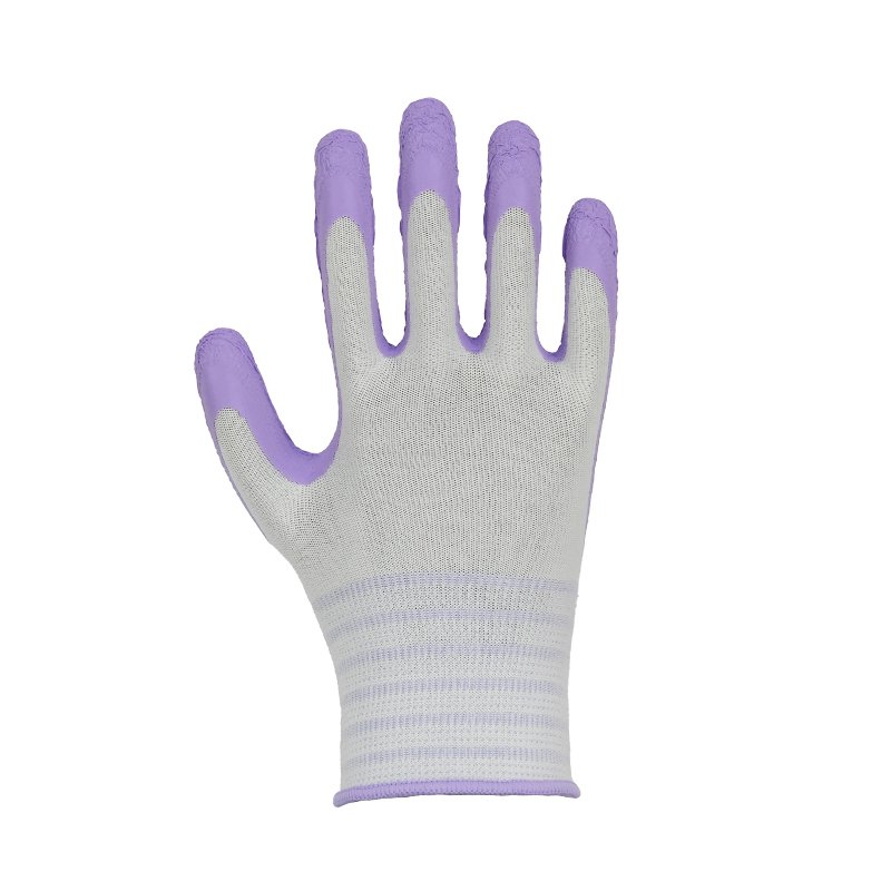 Guantes de trabajo elegantes con pantalla táctil y nuevo patrón de primavera con revestimiento de espuma de látex de color morado-551