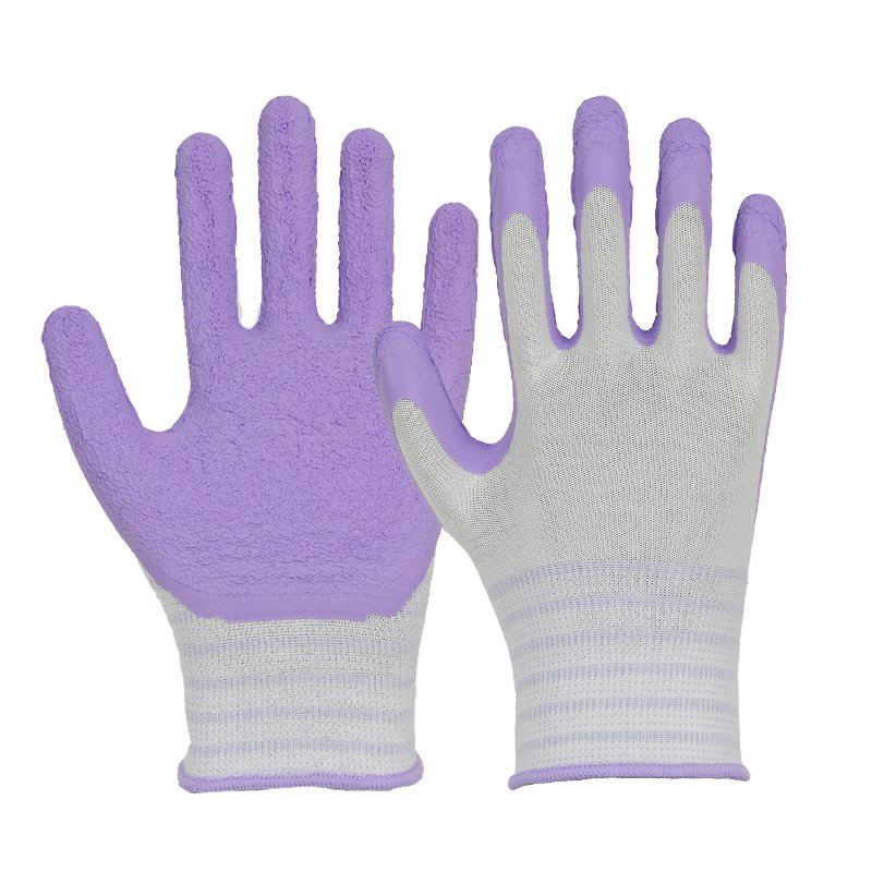 Guantes de trabajo elegantes con pantalla táctil y nuevo patrón de primavera con revestimiento de espuma de látex de color morado-550