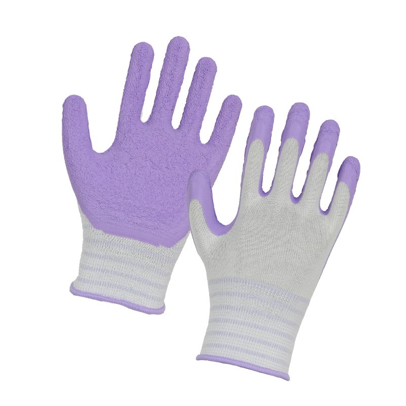 Guantes de trabajo elegantes con pantalla táctil y nuevo patrón de primavera con revestimiento de espuma de látex de color morado-549