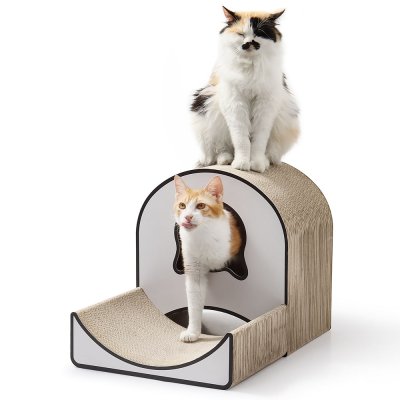 MEOWLOVE Small Animal House Cat Condo 4-Level Cartoon Pattern Pet Furniture Cat Scratcher Made Durable Cardboard for Living Room