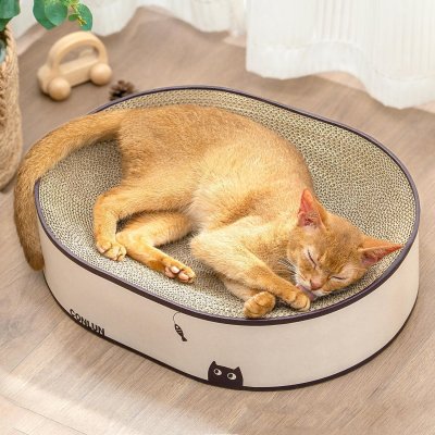 Oval Cat Scratcher Bed, 2-in-1 Cat Scratching Board, Natural Corrugated Cardboard Scratch Pad Lounge, Sealed Base Traps Debris,No Assembly Kitty Furniture,Stylish Colors Blends Any Home Decor