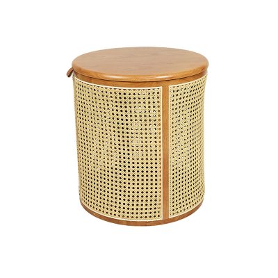 Round Rattan Wood Storage Basket Stool With Lid