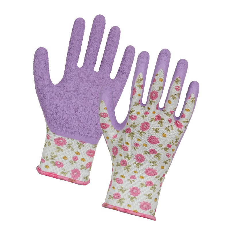 Guantes de trabajo económicos para jardinería de poliéster 110-1 con revestimiento de látex arrugado en la palma-479