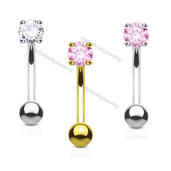 Eyebrow Ring Curved Barbell 14K Solid Gold with Prong Round Cubic Zirconia