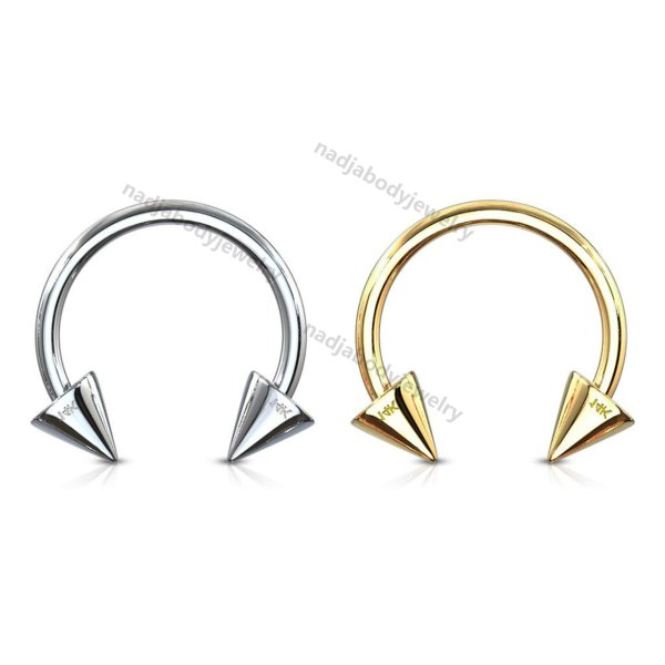 14G-16G 14K Solid Gold Horseshoe Circular Barbell Spike End Nose Ring Hoops Septum Piercing Jewelry 5/16