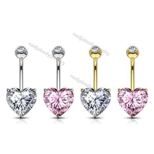 Heart CZ or Opal Prong Set 14 Karat Solid Gold Belly Button Ring 14ga