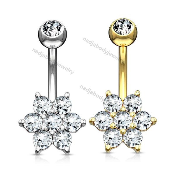 Flower Clear CZ 14 Karat Solid Gold Belly Button Ring 14ga