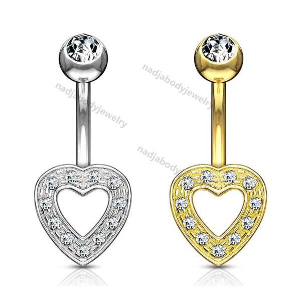 Heart Charm Clear CZ 14 Karat Solid Gold Belly Button Ring 14ga