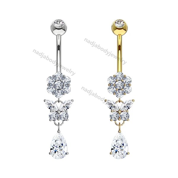 Dangle Belly Button Ring 14G 14K Solid Gold Curved Barbell Flower Butterfly Clear CZ Belly Rings Navel Piercing Jewelry 10mm