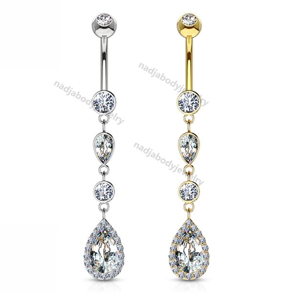 14KT Solid White Gold and Yellow Gold Navel Ring - Cascading Teardrop Dangle with Multi Paved CZ