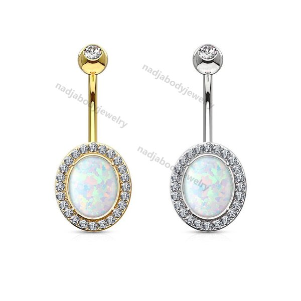 Oval Opal Center with Clear CZ Frame Solid 14KT Gold Non Dangle Belly Button Ring 