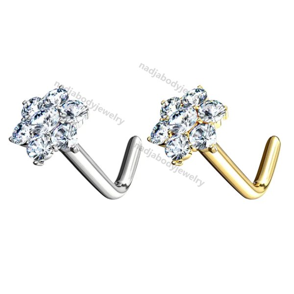 20G 18G L-Shaped Nose Studs 14K Solid Gold CZ Flower Nose Rings Nostril Piercing Jewelry 6mm