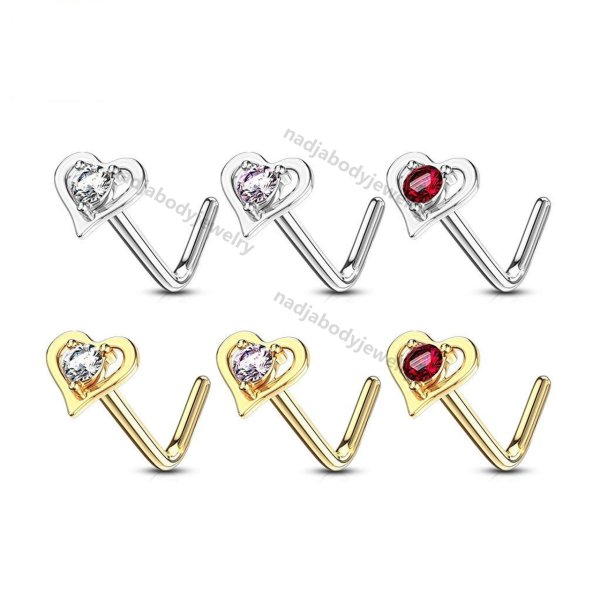14Kt Solid Gold L Bend Nose Ring with Prong Set Round CZ Center Hollow Heart 20 Gauge