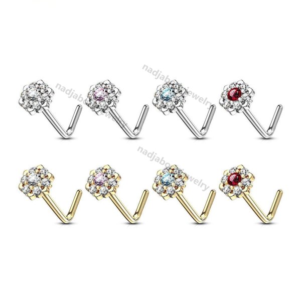14Kt. Gold L Bend Nose Ring with Prong Set CZ Centered Gem Paved Outer Circle 6 Point Flower 20ga