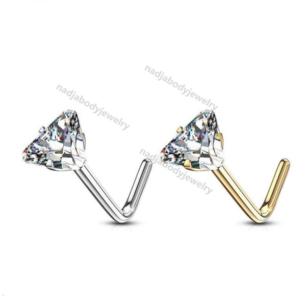 14Kt Solid Gold L Bend Nose Ring with Prong Set Triangle CZ 20 Gauge