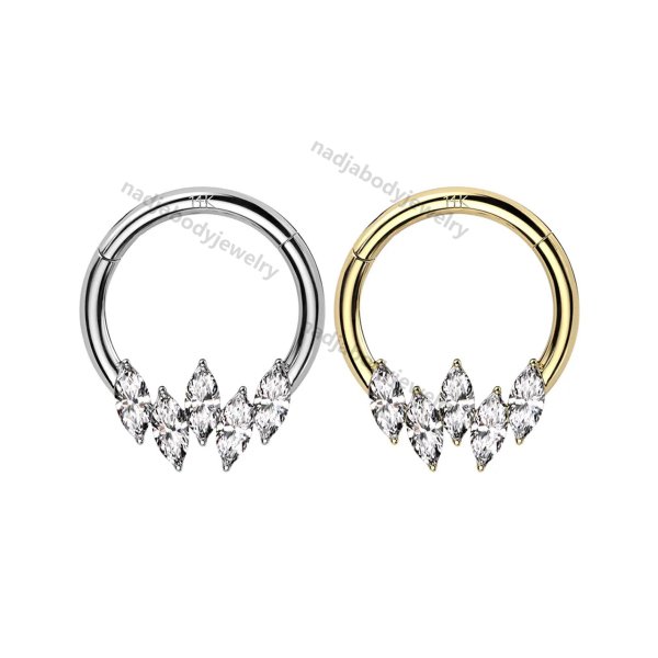 Marquis Segment Rings 16G 14K Solid Gold Marquise Clear CZ Hinged Clicker Septum Ring Hoop Earring Piercing Jewelry 10mm 8mm
