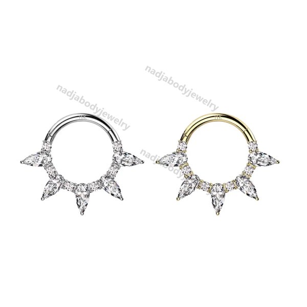Tear Drop Septum Ring 16G Solid Gold Clear Marquise CZ Septum Clicker Rings Hinged Segment Hoop Earrings Piercing Jewelry 5/16