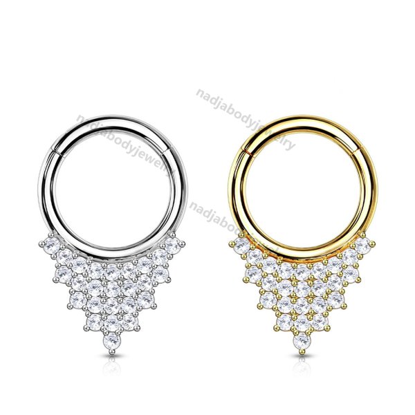 Hoop Ring with CZ Paved Triangle 14kt Solid Gold Hinged Segment Septum Ring