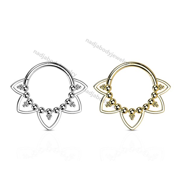 Hoop Ring Hinged Segment with Beads and Heart Filigree 14 Karat Solid Gold -Good for Ear Nose and more