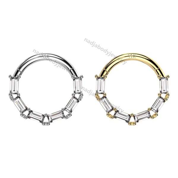 Nose Rings 16G Solid Gold Facing Baguette CZ Hinged Clicker Segment Rings Hoop Septum Piercing Jewelry 5/16