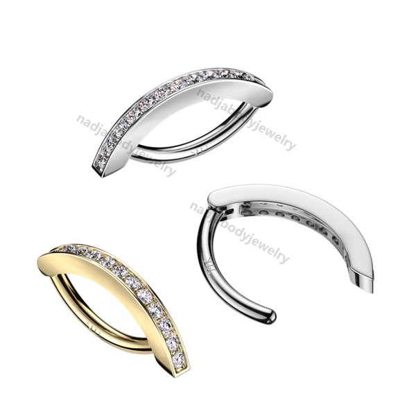 14 Karat Gold Sparkle Gem Lined Minimalist Curved Bar Belly Clicker