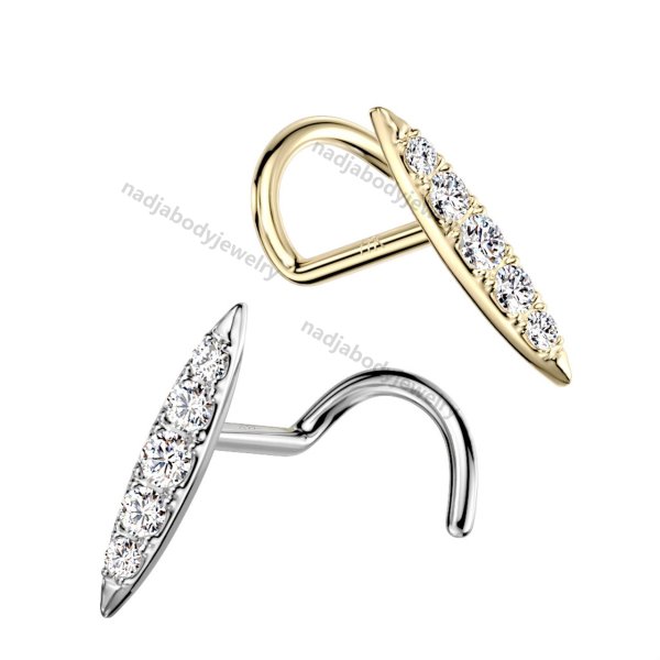 14K Solid Gold Oblong CZ Paved Bar Top Nose Screw