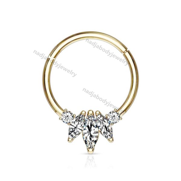 14KT Gold Septum Ring Clicker Hoop with 3 White CZ Marquise Crystals 