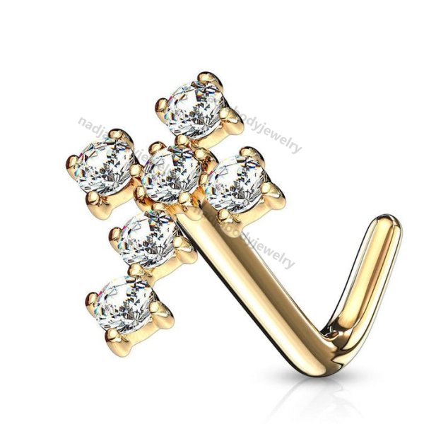14KT Gold L Bent Cross CZ Nose Ring Stud