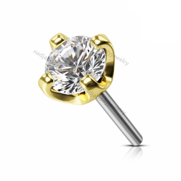 14K Solid Gold CZ Threadless Push Pin Conch Helix Labret Nose Stud