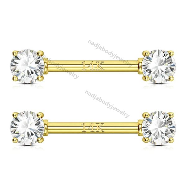14K Gold 14G Round CZ or Opal Nipple Barbell Rings