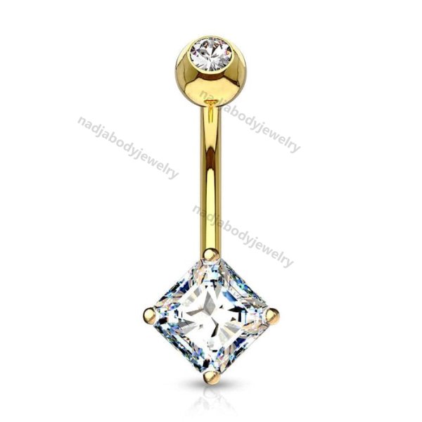 14KT Gold White Princess Cut Prong CZ Belly Button Ring