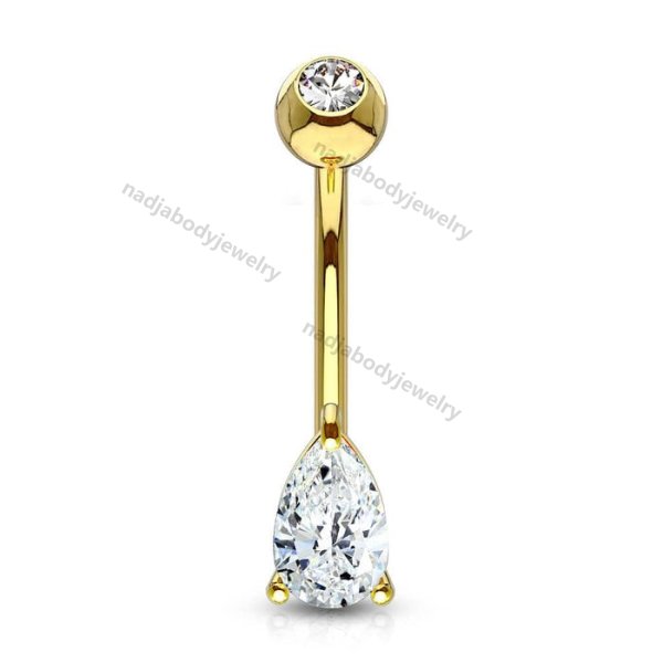14KT Solid Gold Tear Drop White CZ or Opal Belly Ring