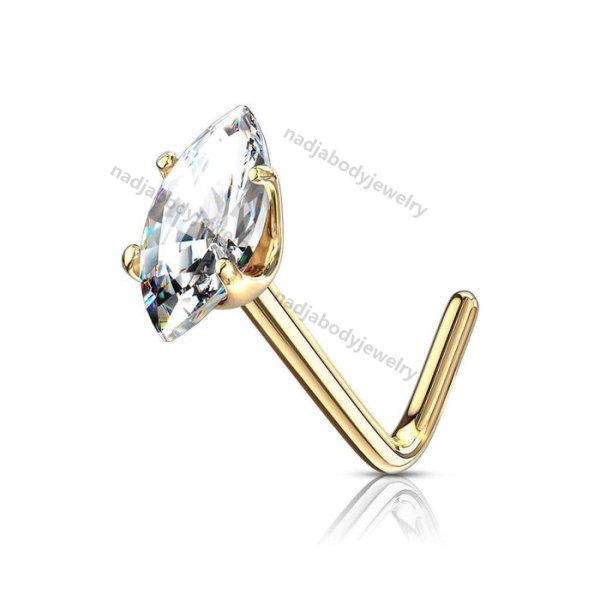 14KT Solid Gold L Shape White Marquise CZ Nose Ring Stud