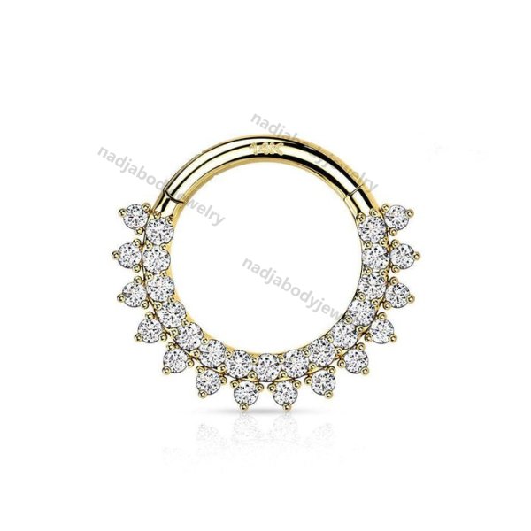 14KT Gold Double Layer Pave White CZ Hinged Septum Clicker Hoop