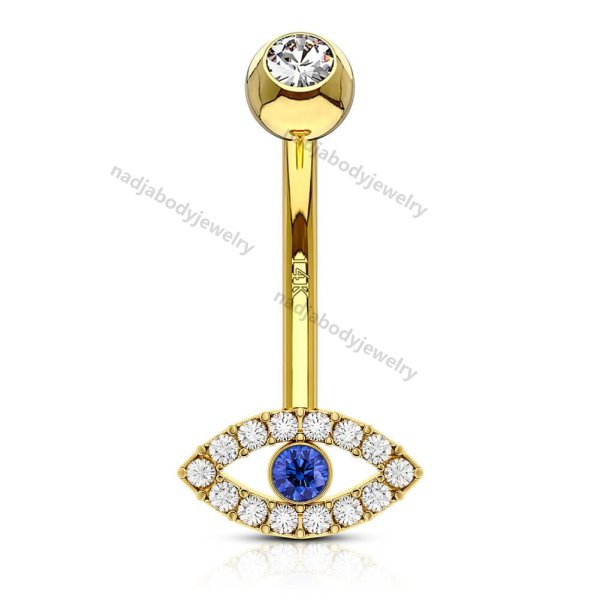 14K Solid Gold Sapphire CZ Evil Eye Belly Button Ring