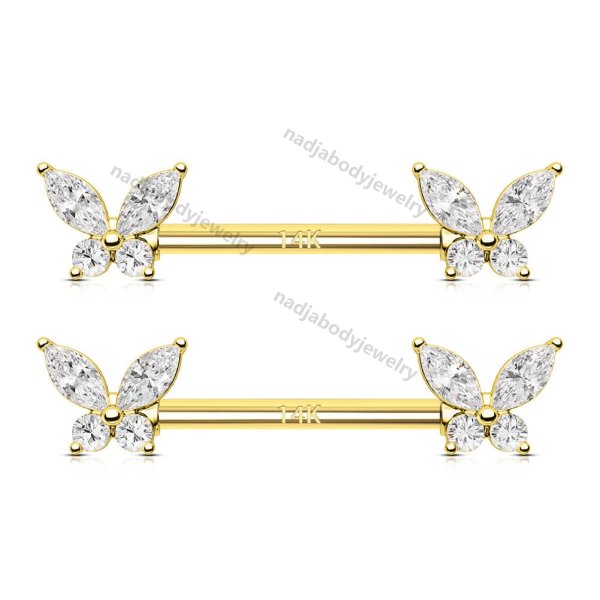 14K Solid Gold Butterfly Shape Nipple Barbell