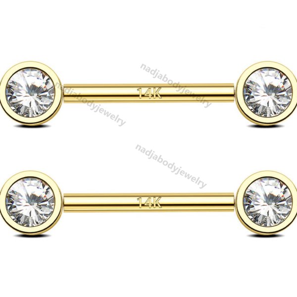 14K Solid Gold Nipple Barbell Set Push Pin Bezel Set CZ