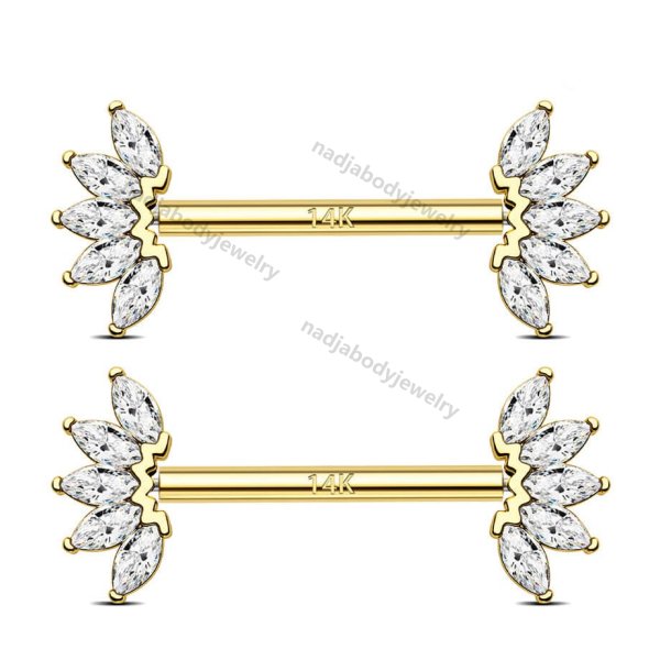 14K Solid Gold Nipple Barbell Set Push Pin Marquise CZ 