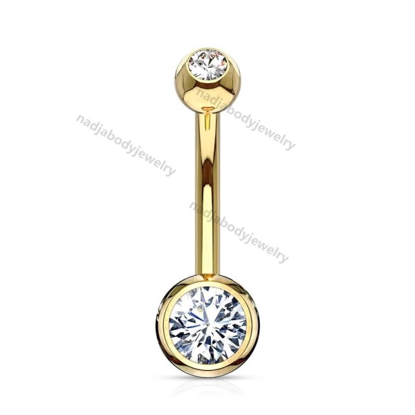 14KT Solid Gold Double White Ball CZ Gem Belly Button Ring