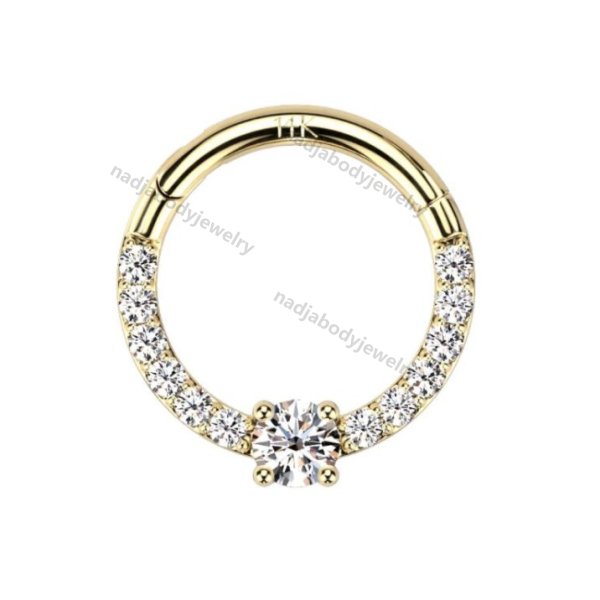 14K Solid Gold Pave CZ White Gem Center Septum Daith Hinged Clicker Hoop