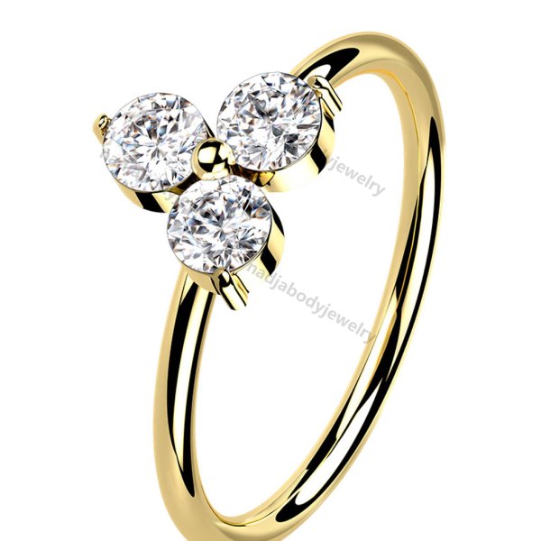 14K Solid Gold 3 CZ or Opal Nose Ring Hoop