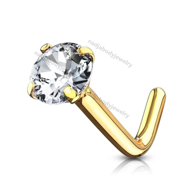 14K Solid Gold 20G L Bednd Round CZ Nose Stud