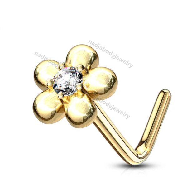 14K Solid Gold L Bend Flower Nose Ring