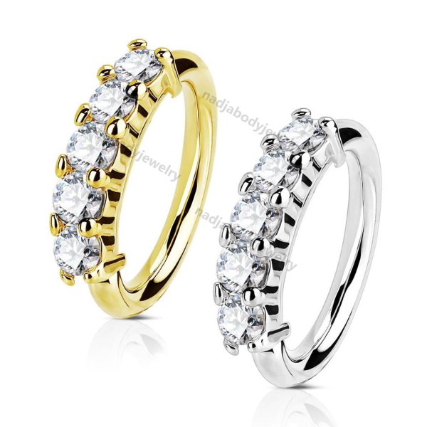 14K Solid Gold 5 CZ Set Open Nose Hoop Ring
