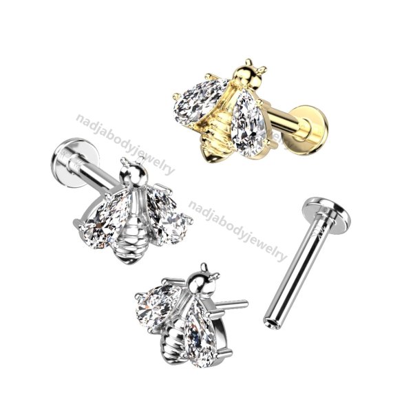 14K Solid Gold Threadless Labret 3mm Flat Back Stud With CZ Bee