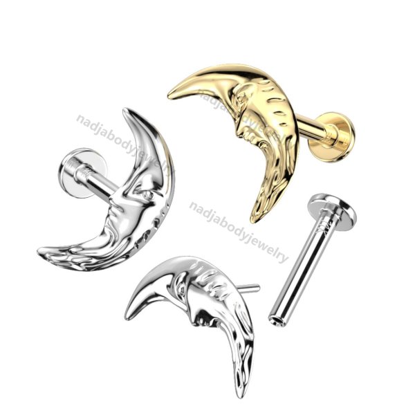 14K Solid Gold Threadless Labret 3mm Flat Back Stud With Face In Crescent Moon Top