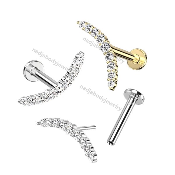 14K Solid Gold Threadless Labret 3mm Flat Back Stud With CZ Paved Curved Line Top
