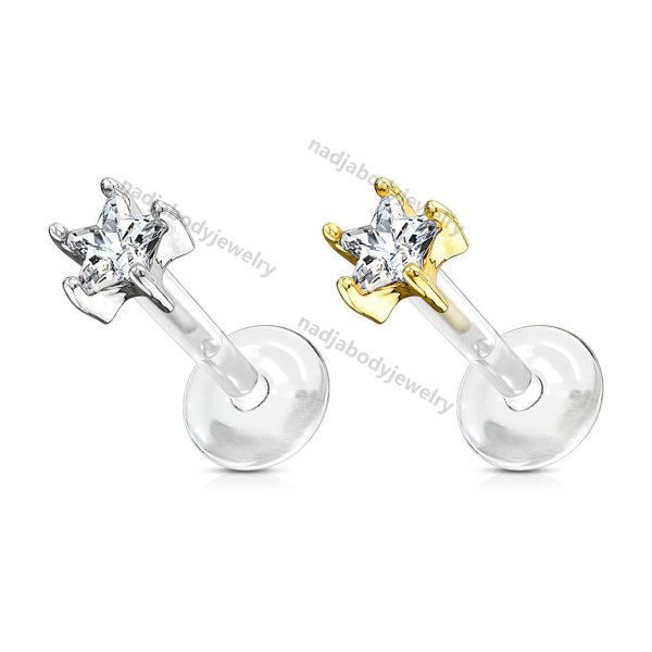 14K Solid Gold Bio Flex Shaft Labret With Star CZ Prong Set Top 