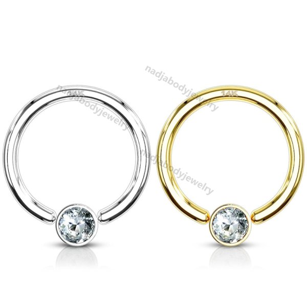 14K Solid Gold Captive Bead Ring With Bezel Set CZ