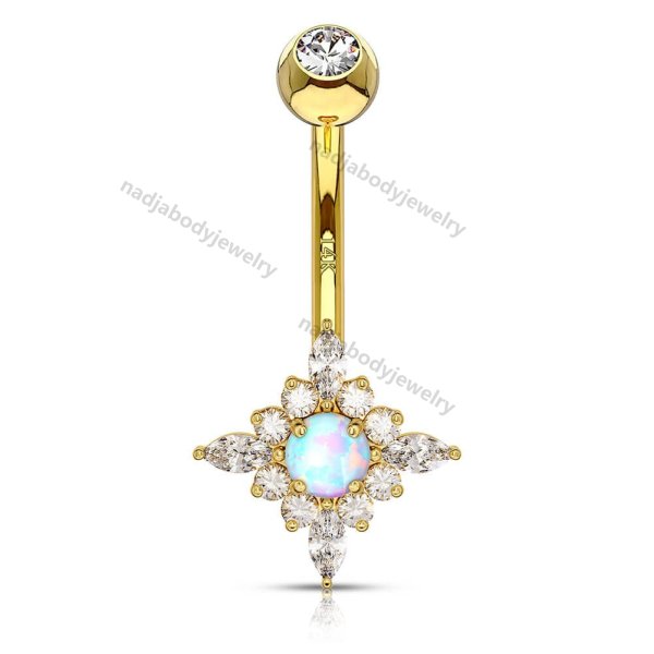 14K Gold Opal CZ Belly Ring 14G Sun Flower Belly Ring